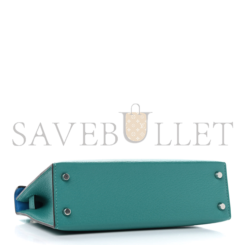 HERMÈS CHEVRE MINI KELLY II SELLIER VERT VERONE BLEU ZANZIBAR (19*12*5.5cm) 